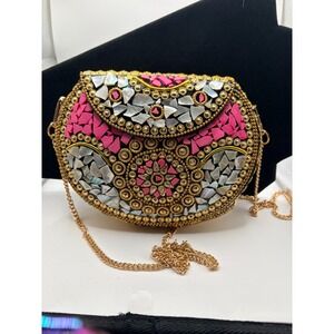 Ramla BOHO Mosaic Shell Clutch - Gold & Pink Inlay Statement Purse